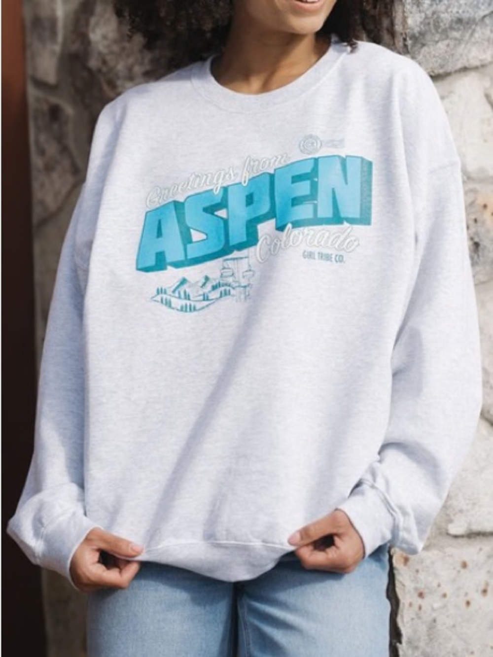 Aspen Graphic Crewneck Sweatshirt - Light Gray with Teal Print